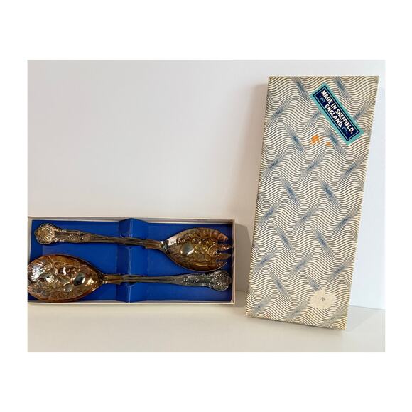 Vintage Silverplated Salad Serving Spoon & Fork 9" Raised Fruit Design England - Picture 1 of 7
